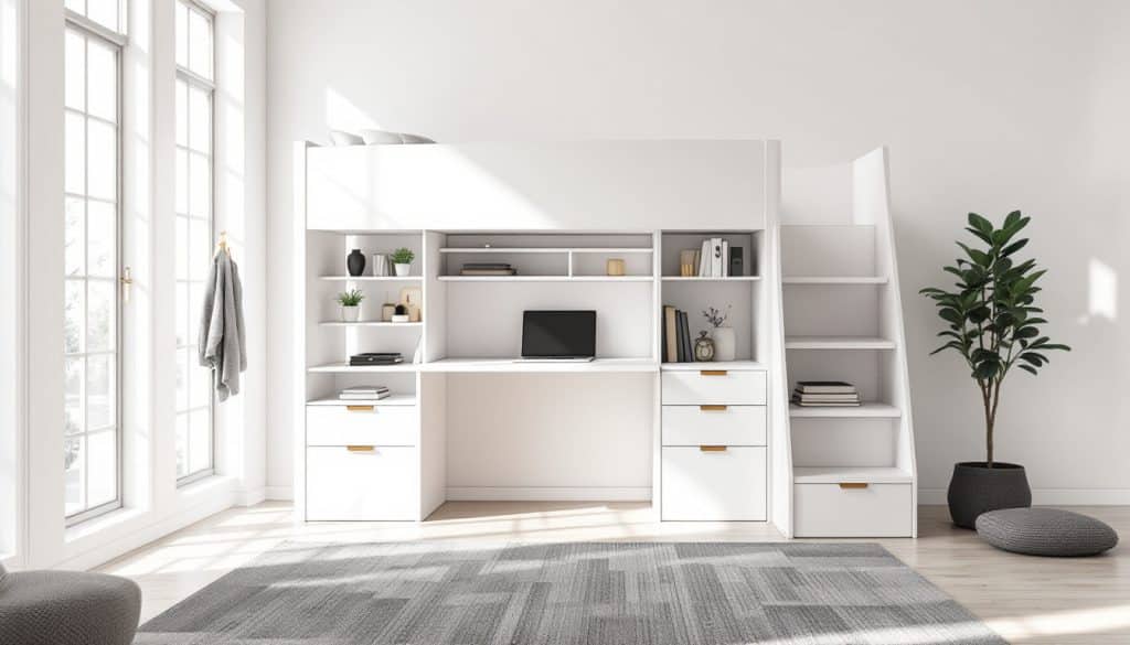 découvrez notre lit mezzanine blanc avec bureau intégré, idéal pour gagner de l'espace et optimiser le rangement dans votre chambre.