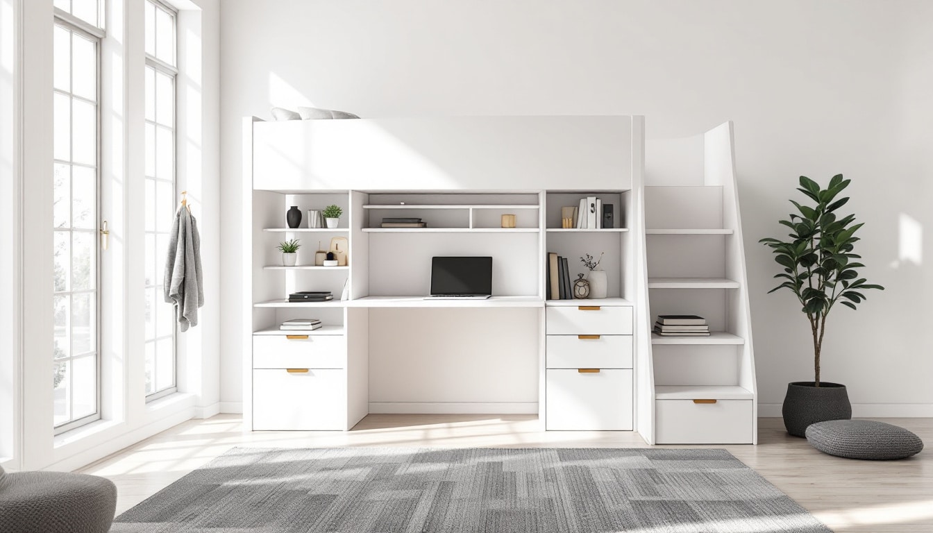 découvrez notre lit mezzanine blanc avec bureau intégré, idéal pour gagner de l'espace et optimiser le rangement dans votre chambre.